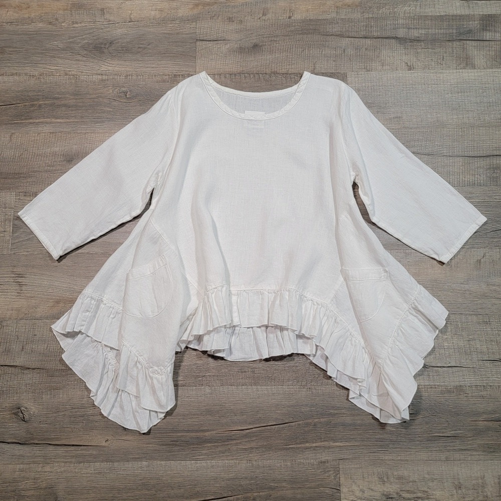 Hearts Desire by Mary Grace Linen White Gathered Ruffle Hem Lagenlook Size Small